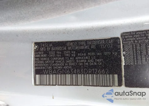 2003 BMW 745Li from USA, damaged, VIN WBAGN63483DR12662